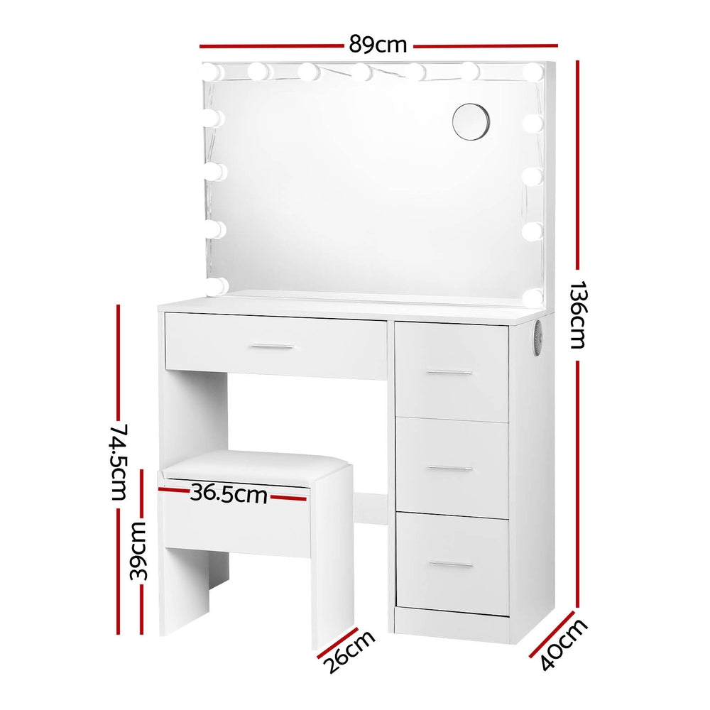 Artiss Darcy LED Dressing Table & Stool with 15 Bulbs – White