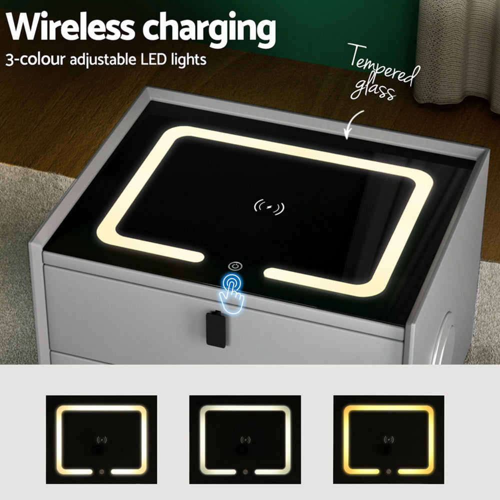 Artiss Aika Smart Bedside Table with Wireless Charging and Speaker – Grey