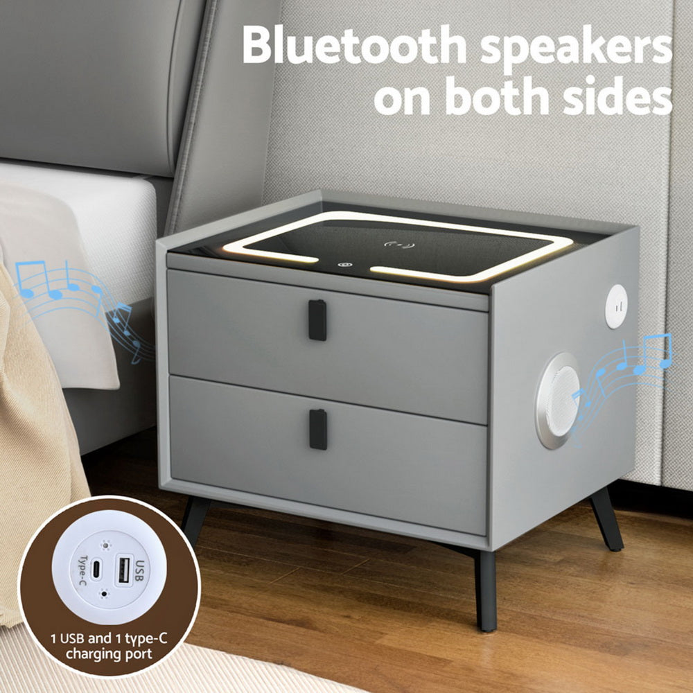 Artiss Aika Smart Bedside Table with Wireless Charging and Speaker – Grey