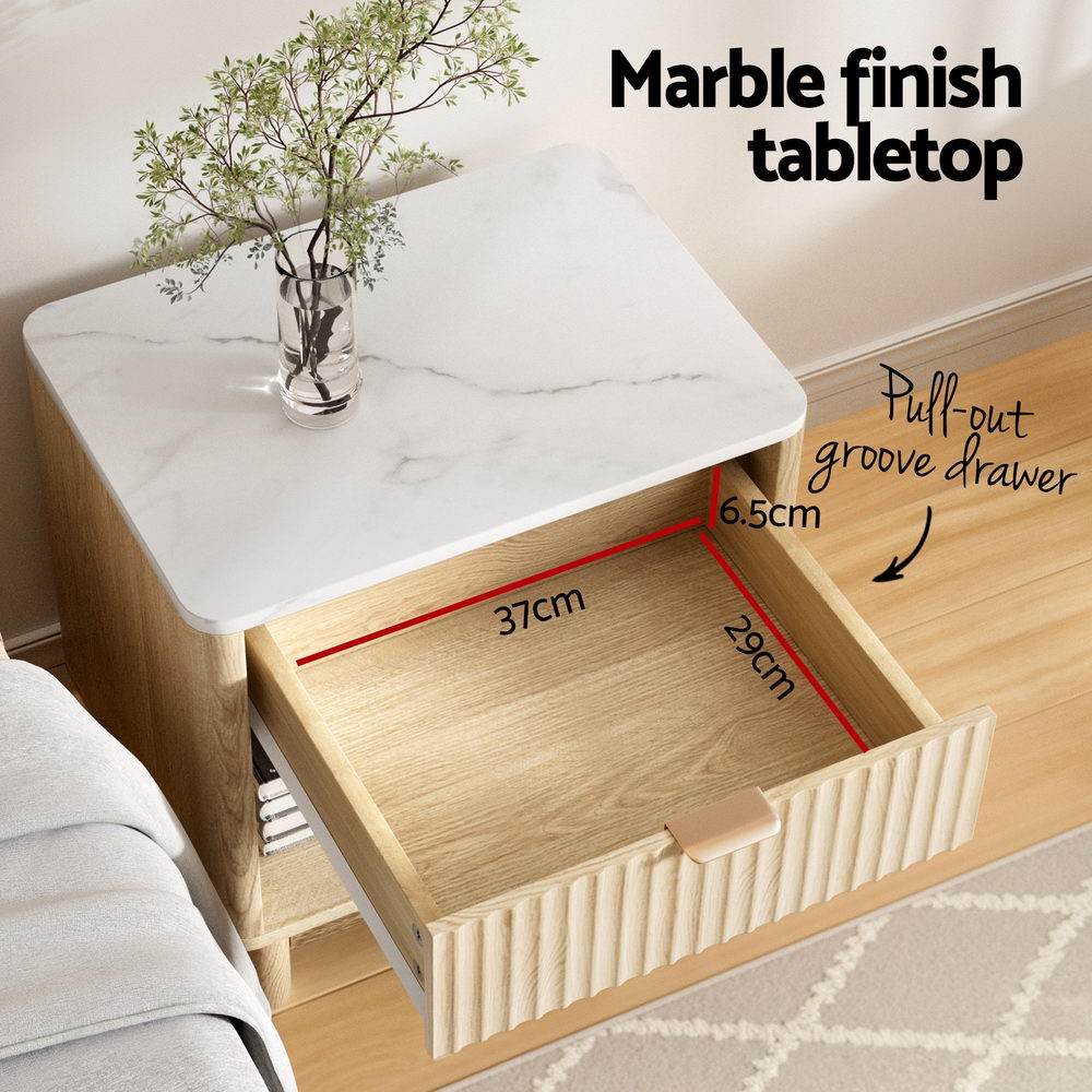 Artiss Bedside Table with Drawer and Open Shelf – Pine and White