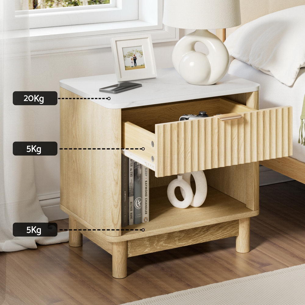 Artiss Bedside Table with Drawer and Open Shelf – Pine and White