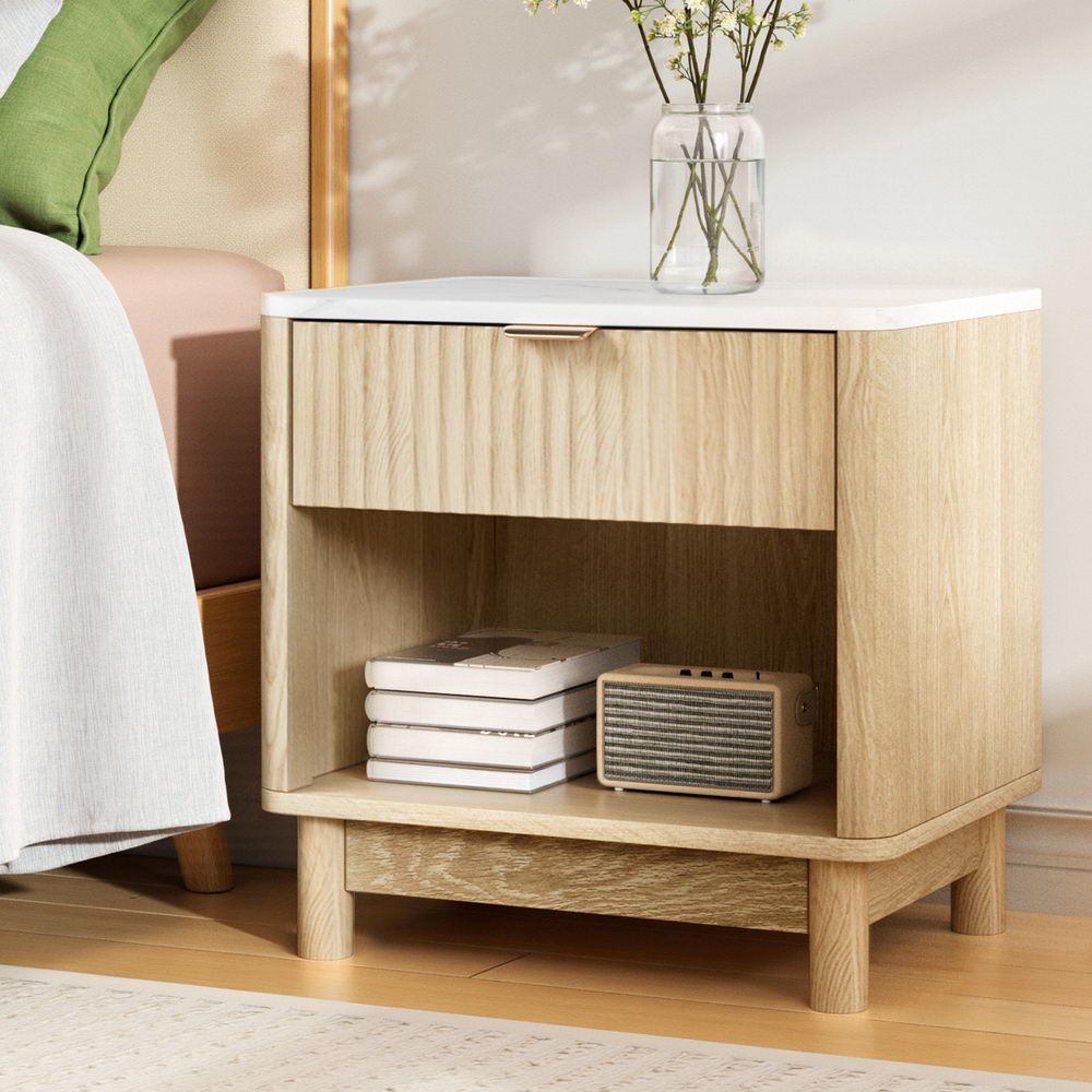 Artiss Bedside Table with Drawer and Open Shelf – Pine and White