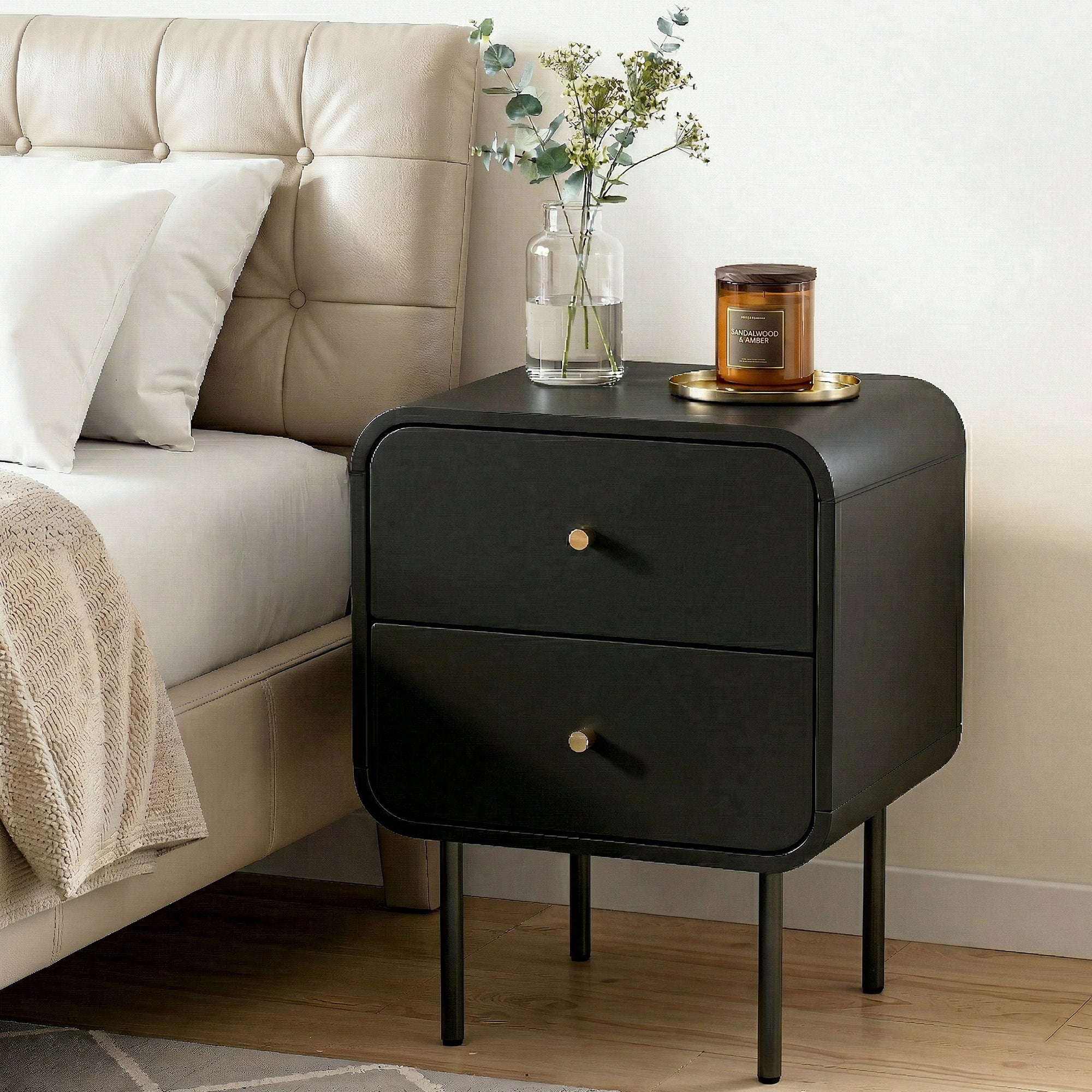 Artiss 2-Drawer Bedside Table with Metal Legs – Black