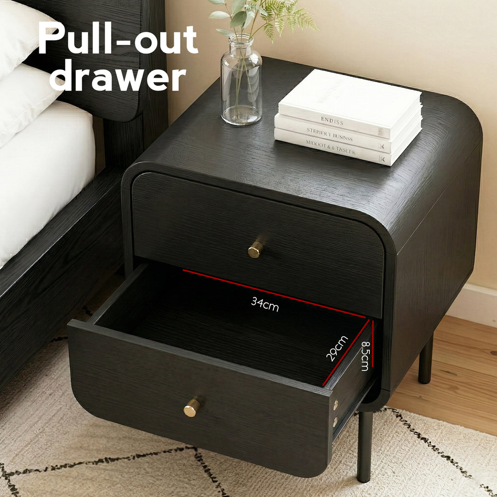 Artiss 2-Drawer Bedside Table with Metal Legs – Black