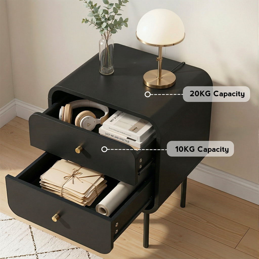 Artiss 2-Drawer Bedside Table with Metal Legs – Black