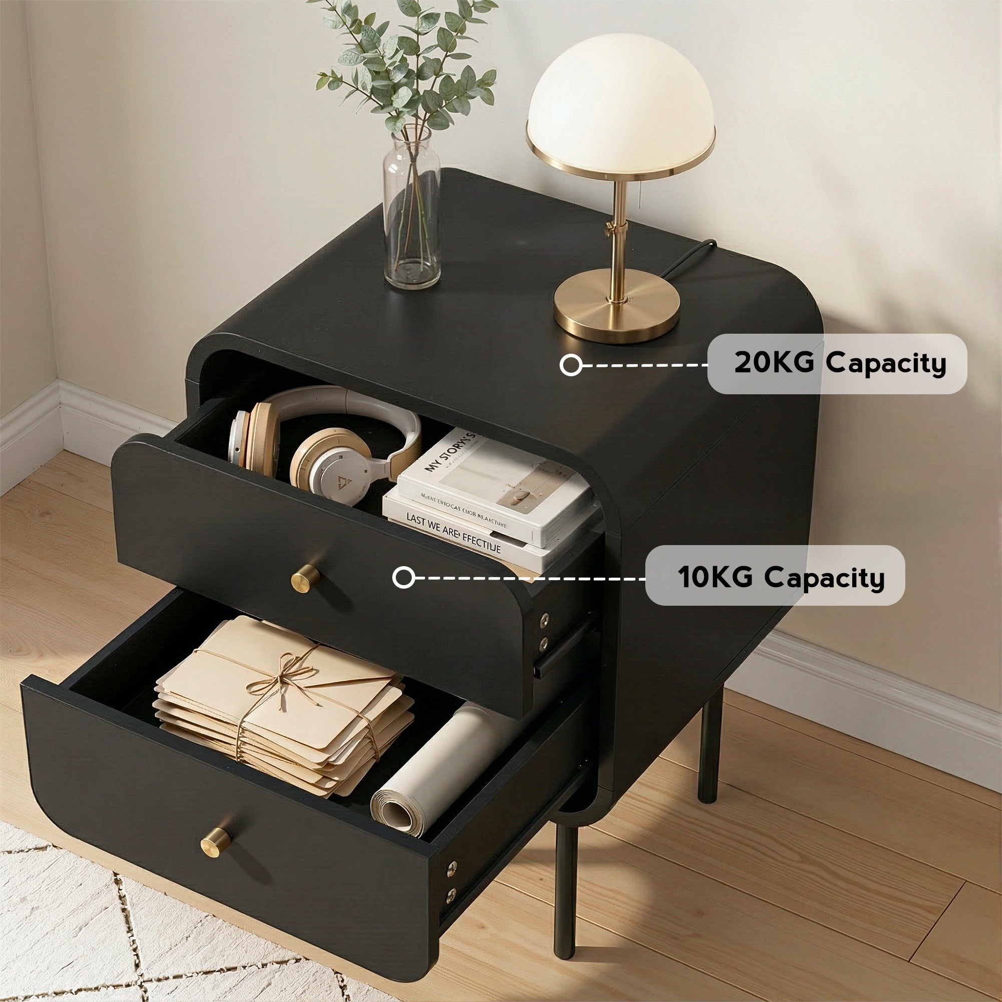 Artiss 2-Drawer Bedside Table with Metal Legs – Black