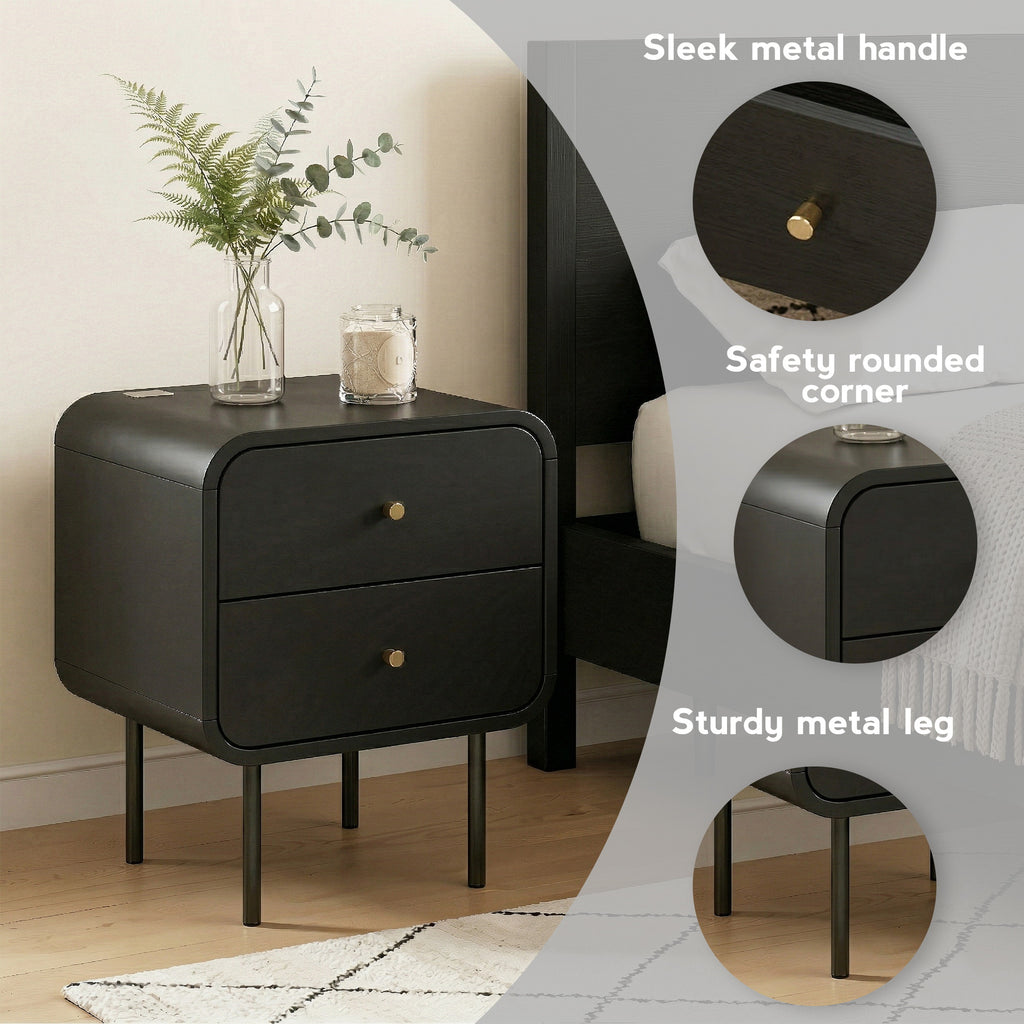 Artiss 2-Drawer Bedside Table with Metal Legs – Black