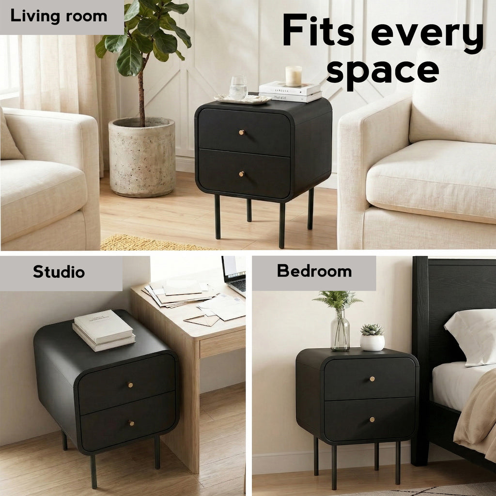 Artiss 2-Drawer Bedside Table with Metal Legs – Black