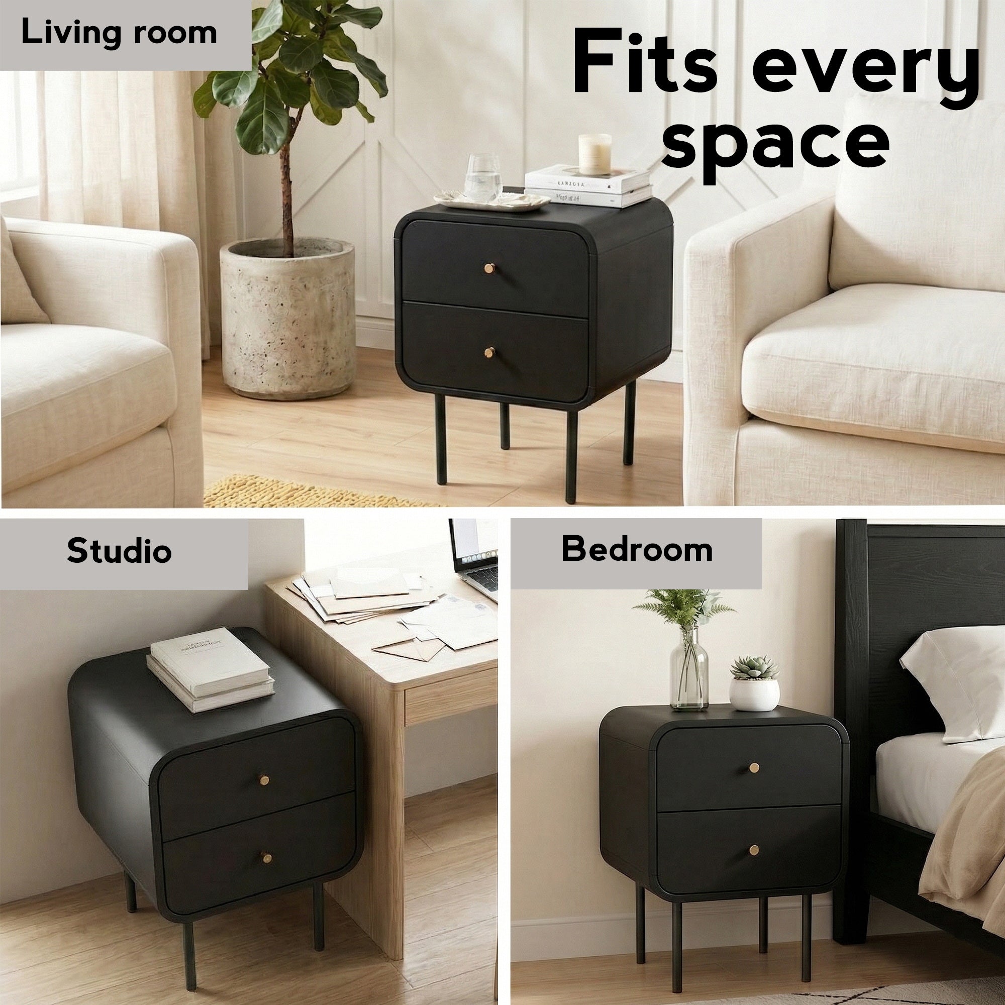 Artiss 2-Drawer Bedside Table with Metal Legs – Black