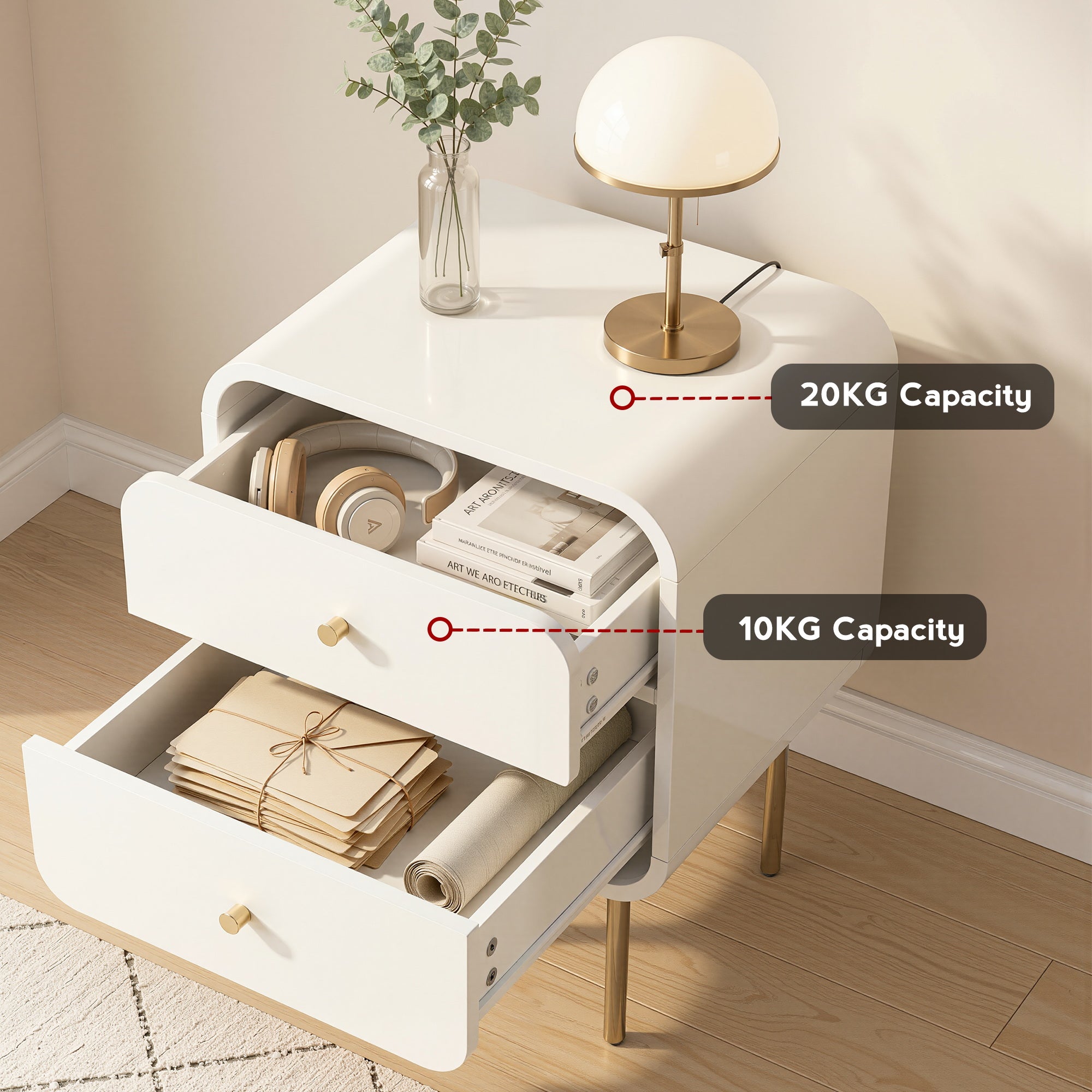 Artiss 2-Drawer Bedside Table with Metal Legs – White