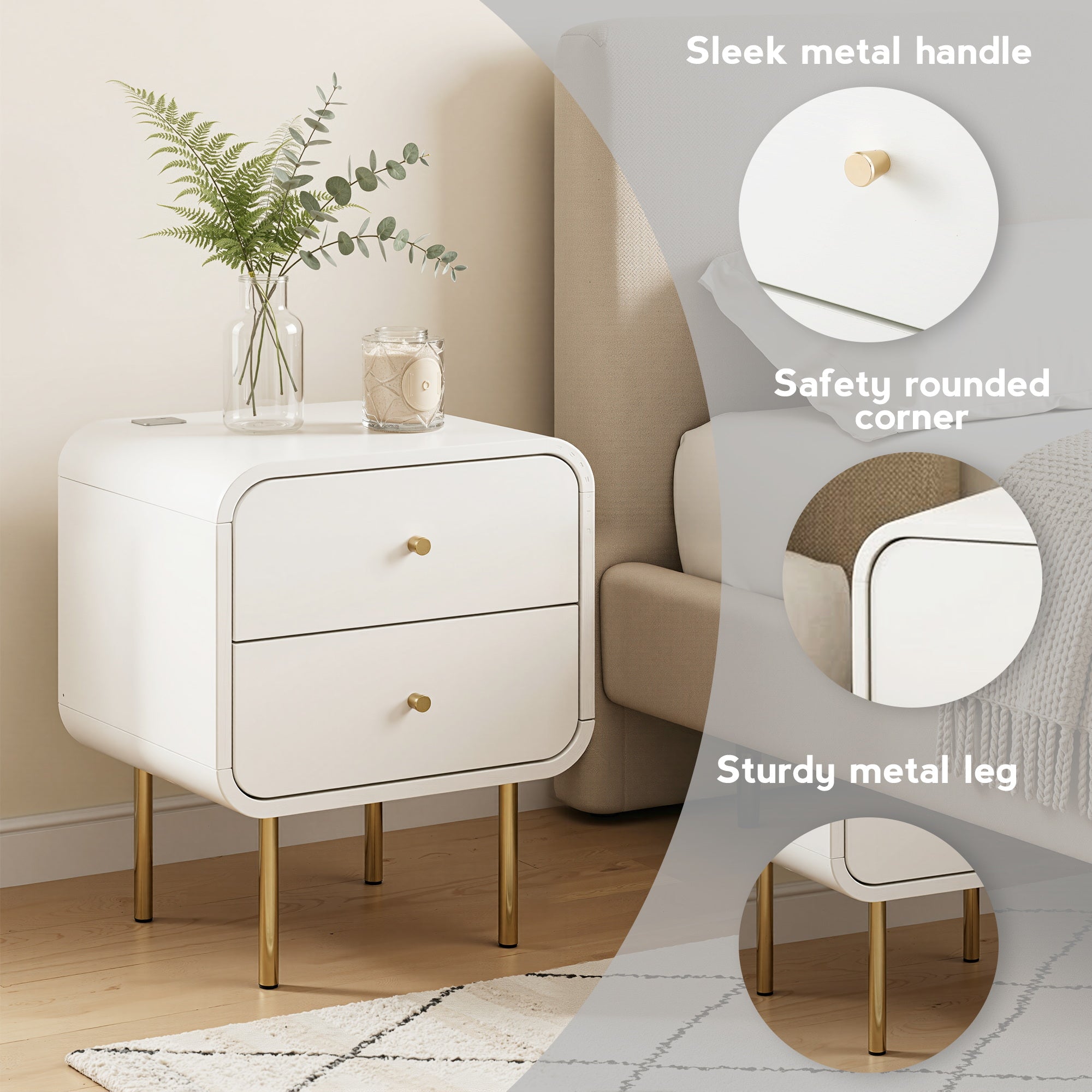 Artiss 2-Drawer Bedside Table with Metal Legs – White
