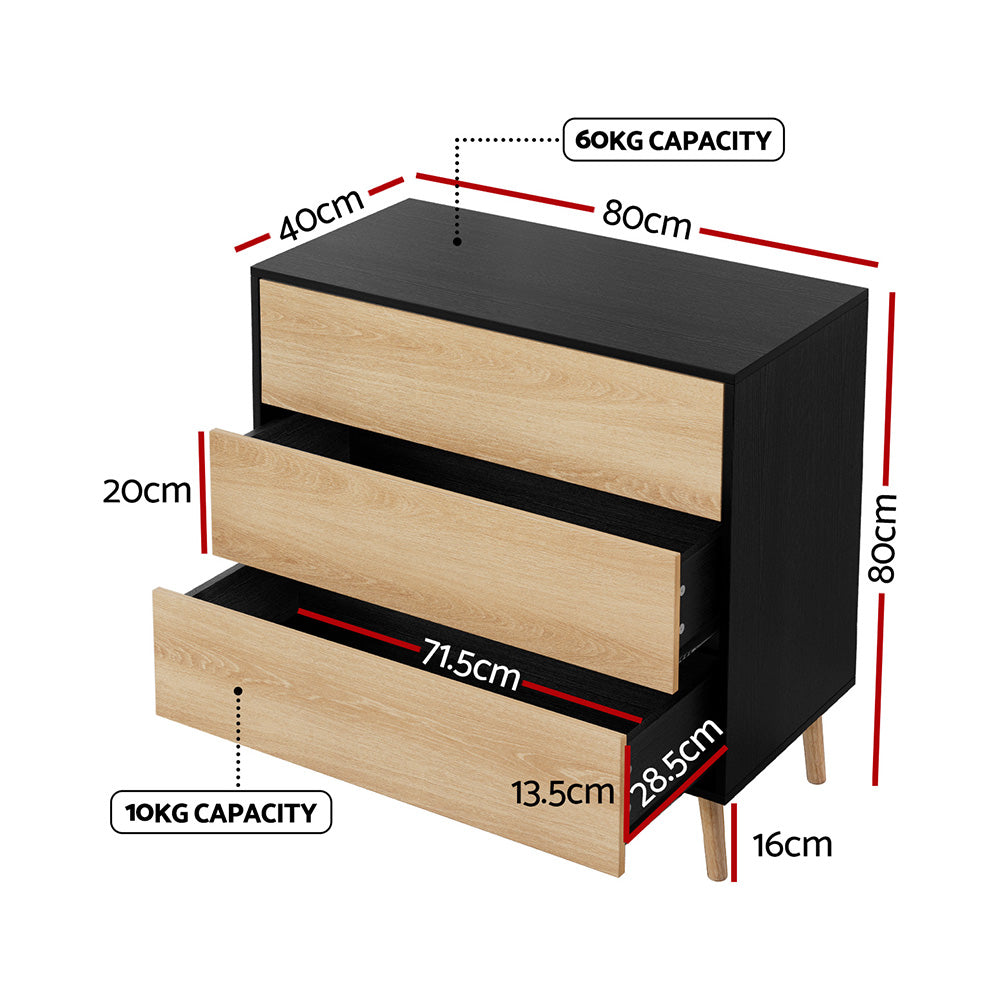 Artiss 3-Drawer Cabinet with Push-to-Open Fronts – Black and Pine