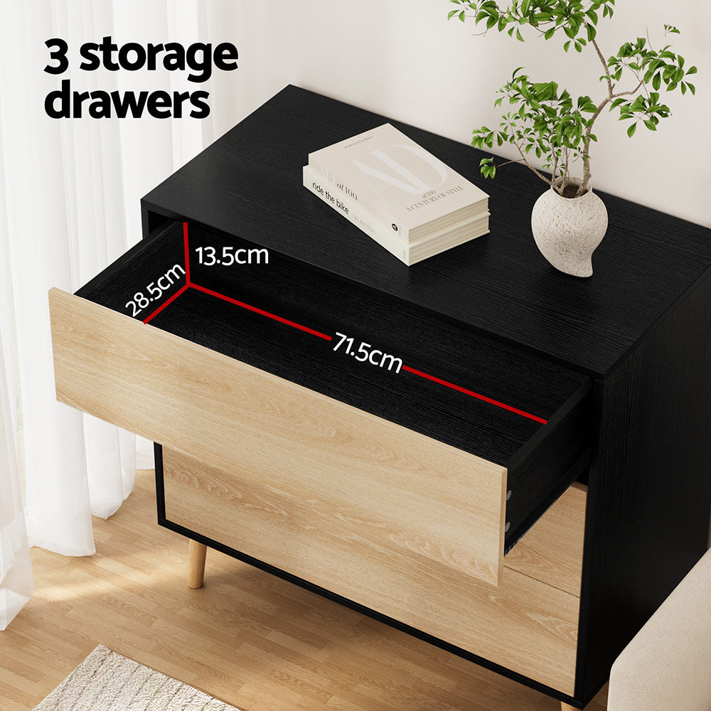 Artiss 3-Drawer Cabinet with Push-to-Open Fronts – Black and Pine