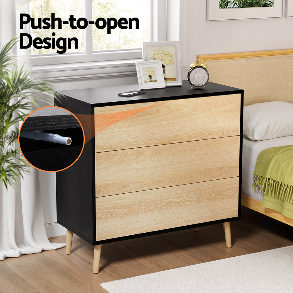 Artiss 3-Drawer Cabinet with Push-to-Open Fronts – Black and Pine