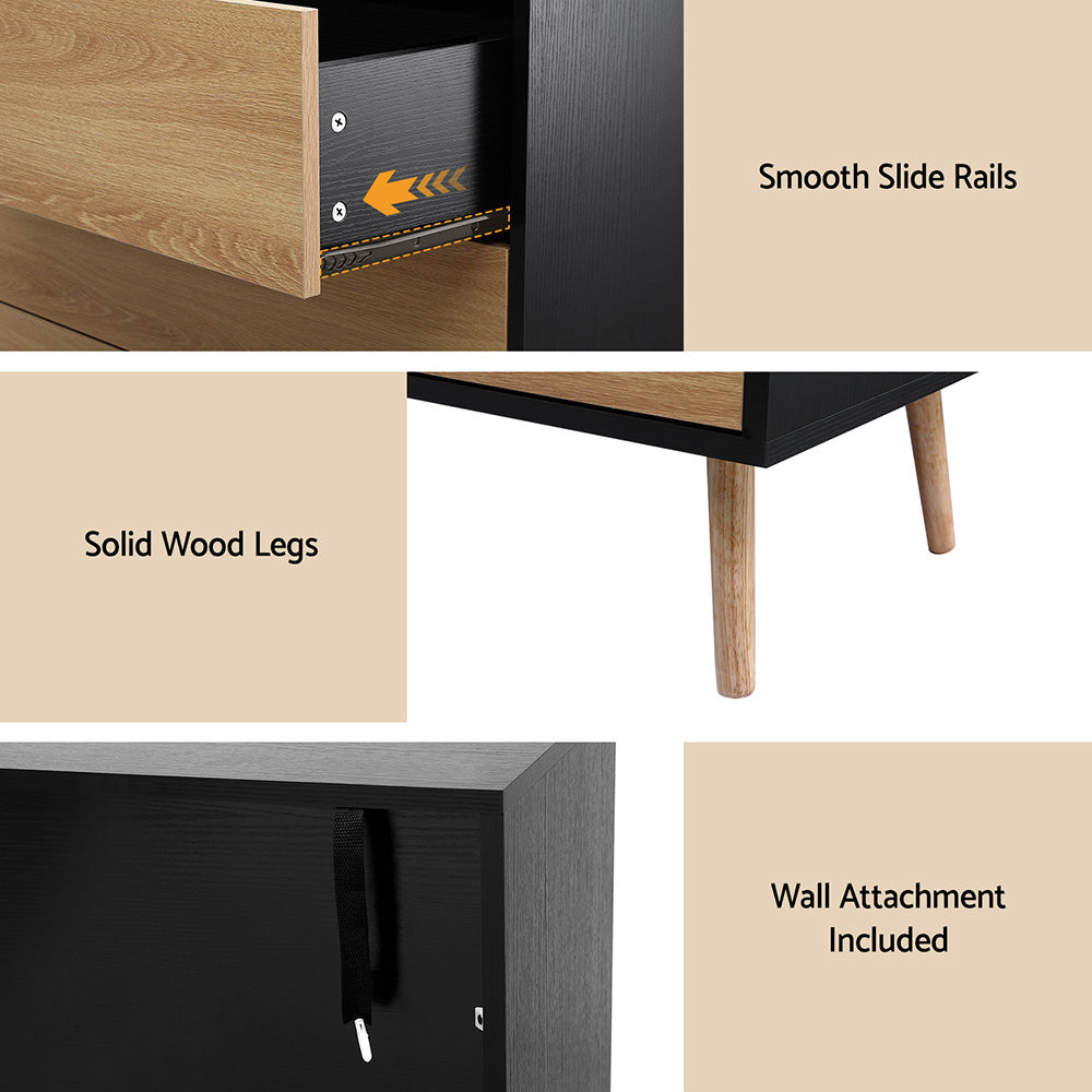 Artiss 3-Drawer Cabinet with Push-to-Open Fronts – Black and Pine