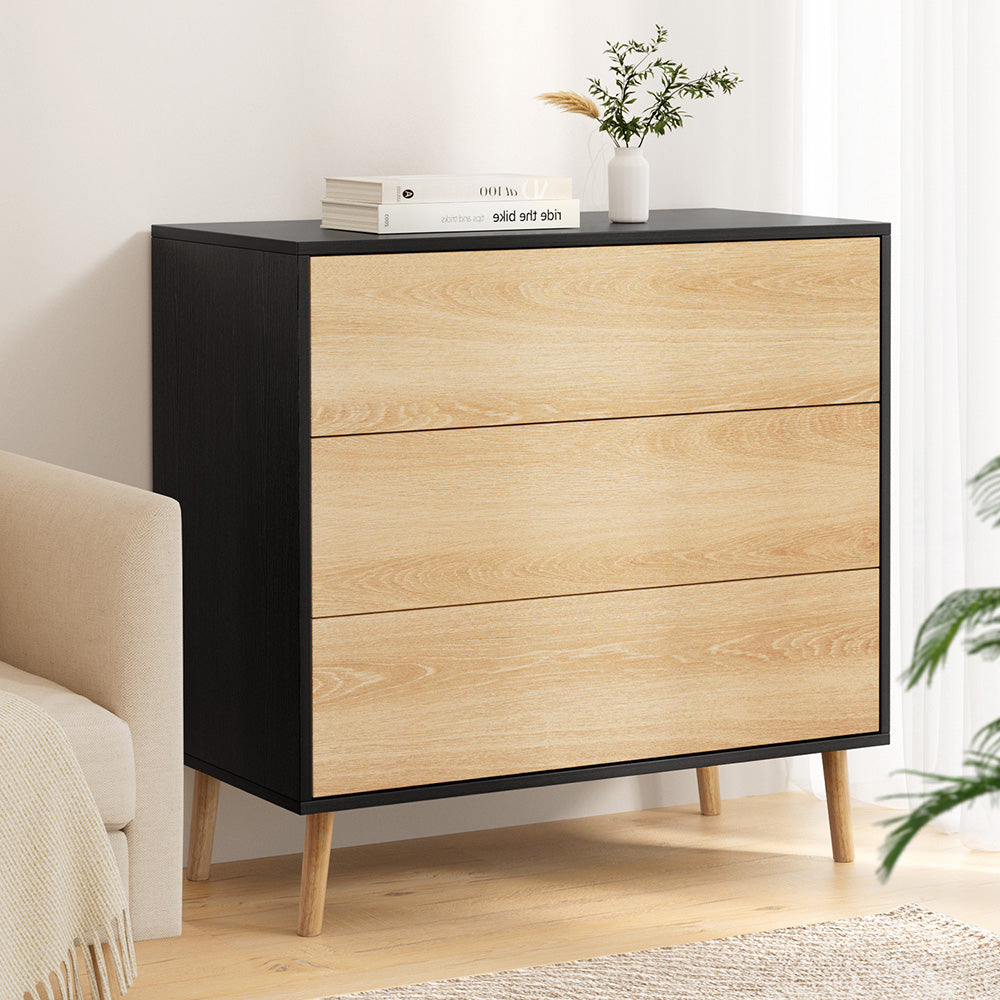 Artiss 3-Drawer Cabinet with Push-to-Open Fronts – Black and Pine