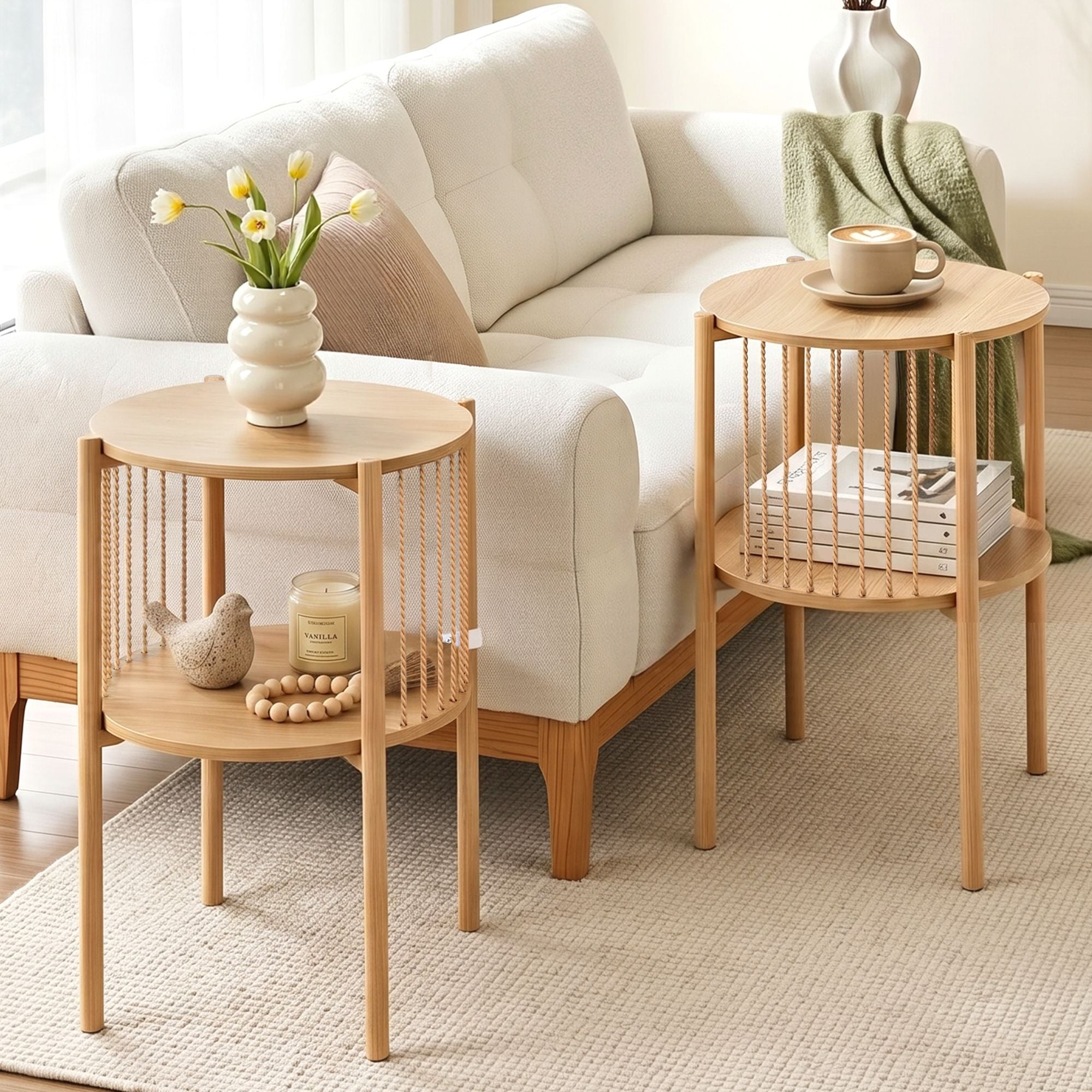 Artiss Set of 2 End Tables Coffee Table 2-Tier Round Wood