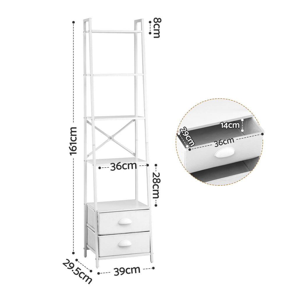 Artiss 5 Tier Bookshelf Ladder Bookcase with Fabric Drawers Display Rack White