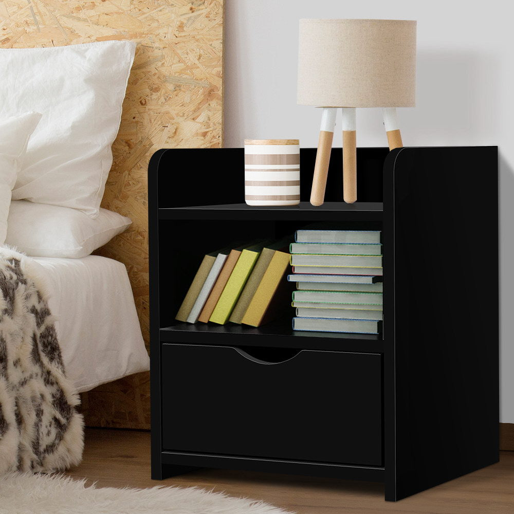 Artiss Fara Bedside Table with Drawer and 2 Shelves – Black
