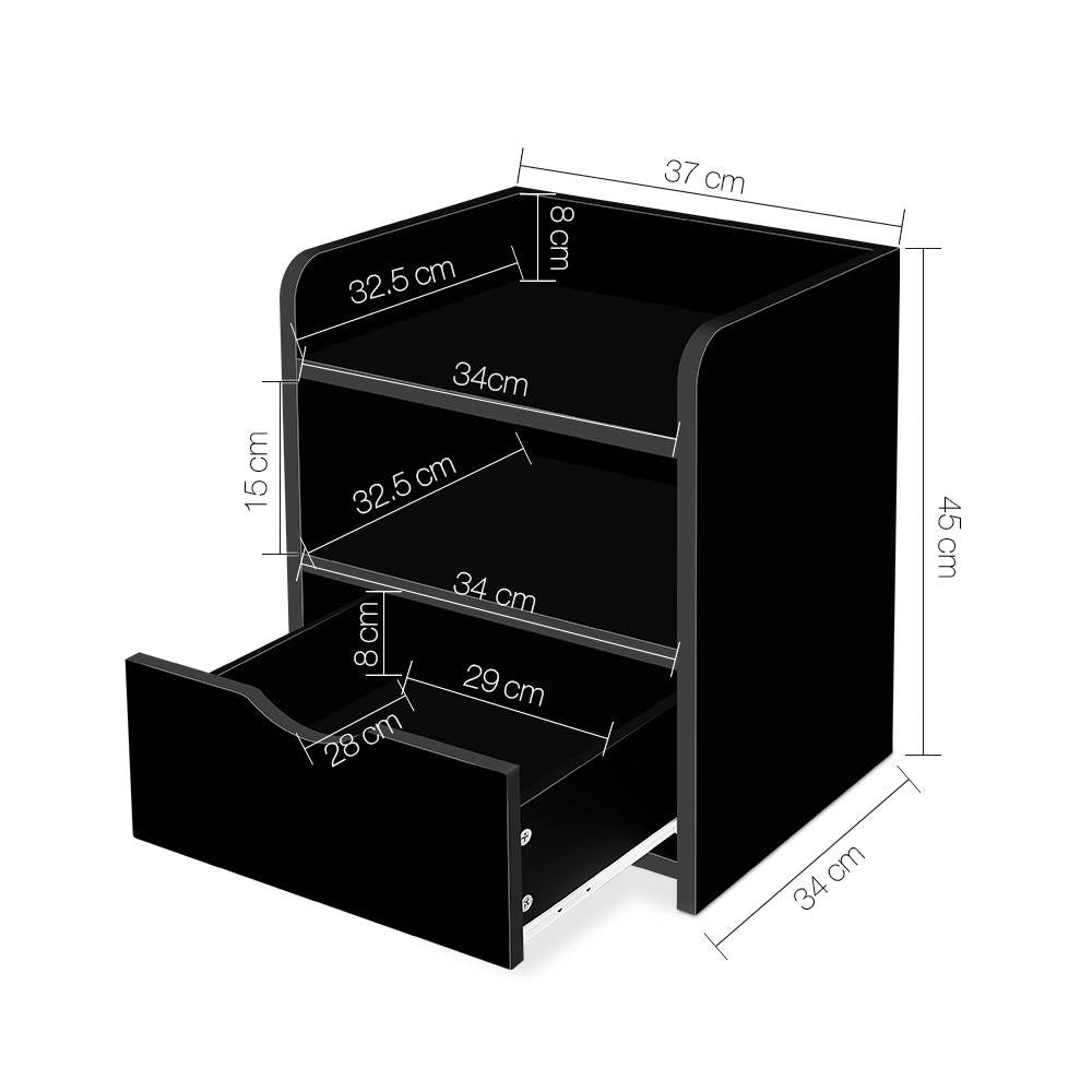 Artiss Fara Bedside Table with Drawer and 2 Shelves – Black