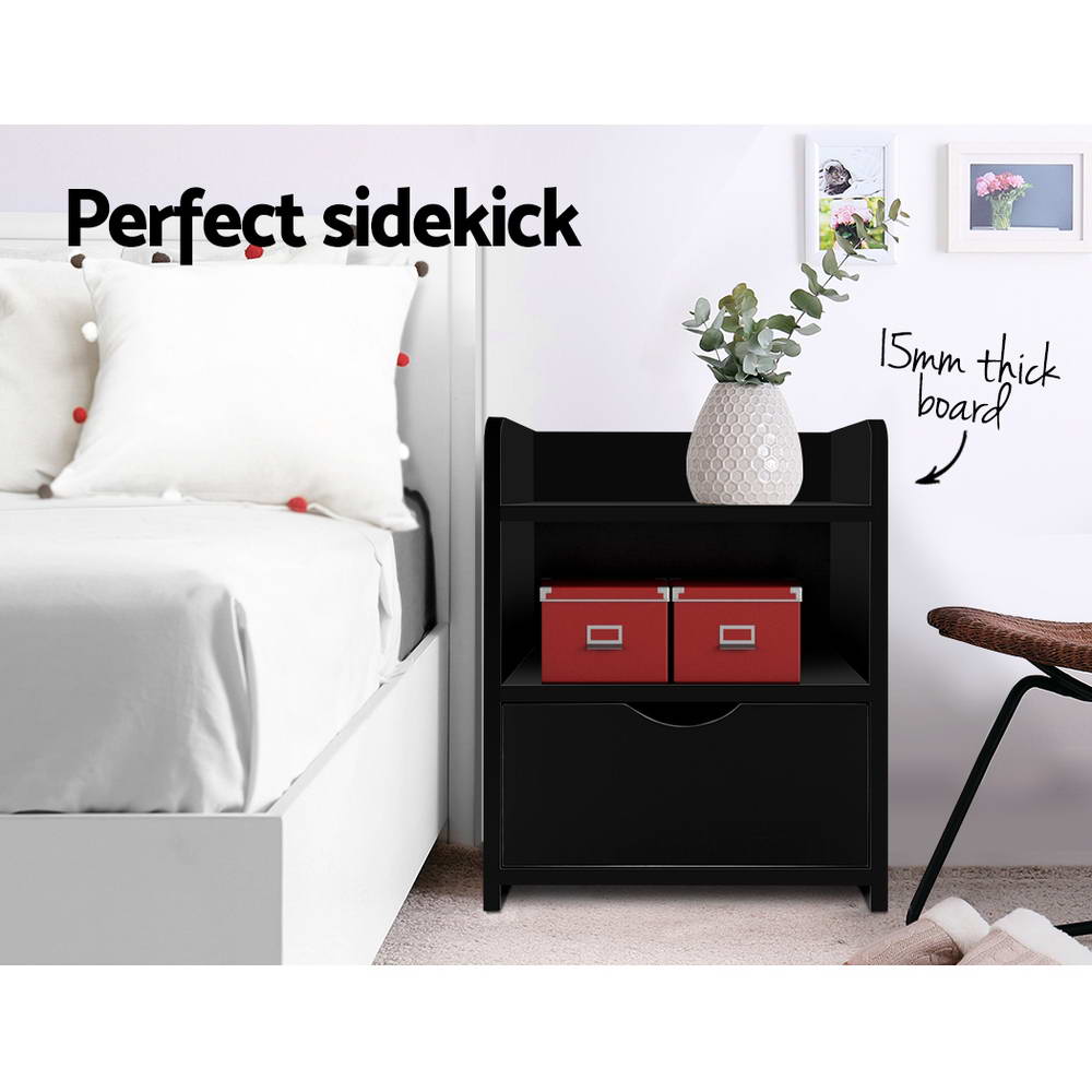 Artiss Fara Bedside Table with Drawer and 2 Shelves – Black