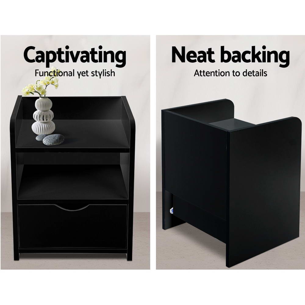 Artiss Fara Bedside Table with Drawer and 2 Shelves – Black