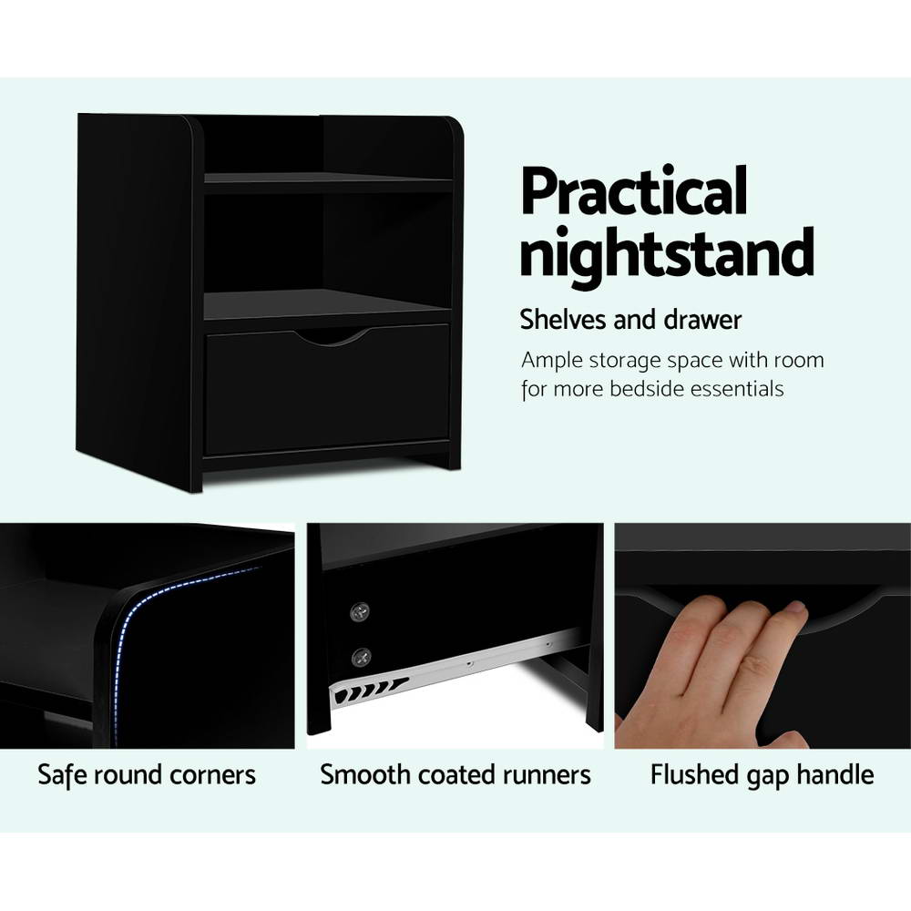 Artiss Fara Bedside Table with Drawer and 2 Shelves – Black