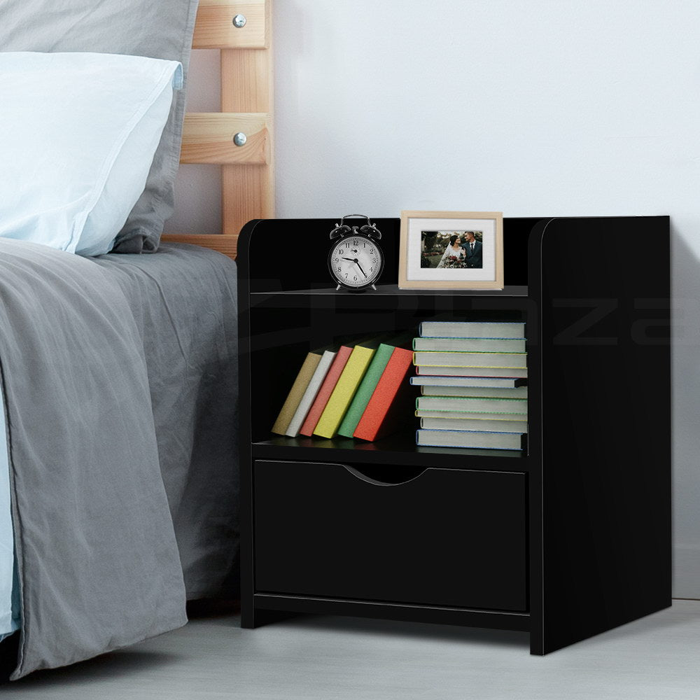 Artiss Fara Bedside Table with Drawer and 2 Shelves – Black