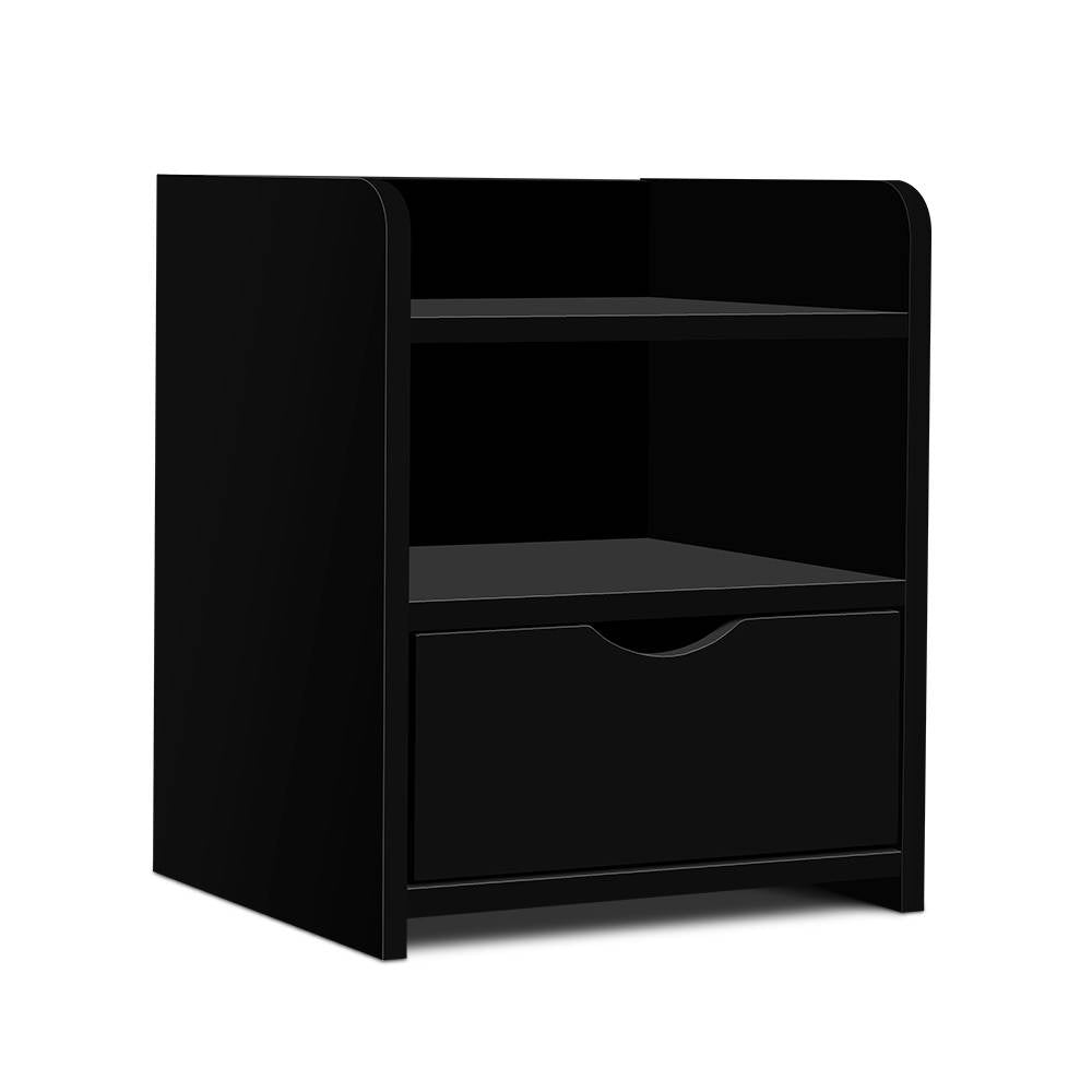 Artiss Fara Bedside Table with Drawer and 2 Shelves – Black