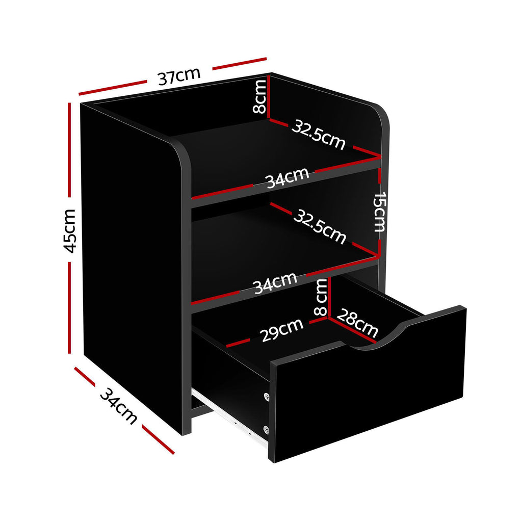 Artiss Fara Bedside Tables with Drawer and Shelves – Black, Set of 2