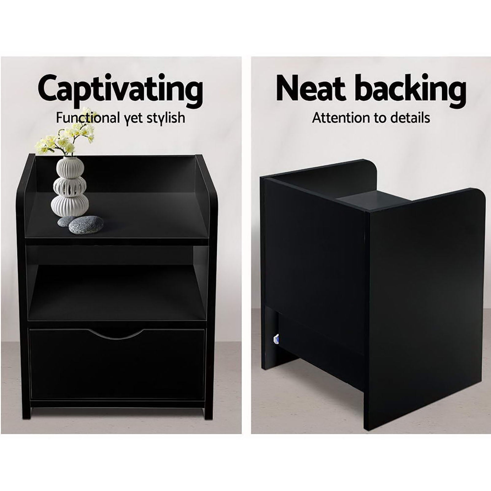 Artiss Fara Bedside Tables with Drawer and Shelves – Black, Set of 2