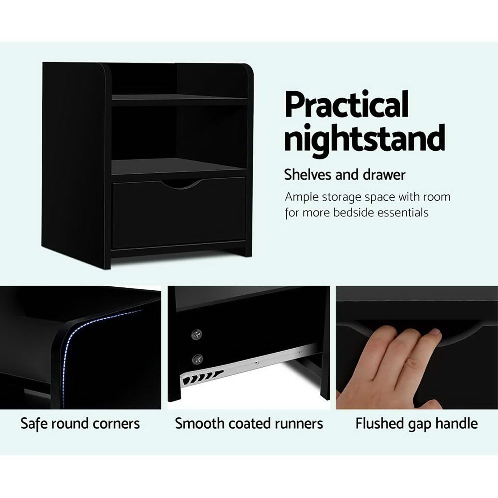 Artiss Fara Bedside Tables with Drawer and Shelves – Black, Set of 2