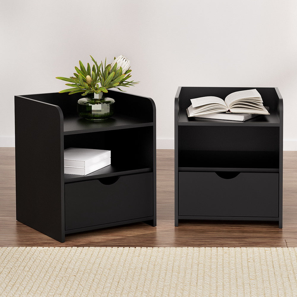 Artiss Fara Bedside Tables with Drawer and Shelves – Black, Set of 2