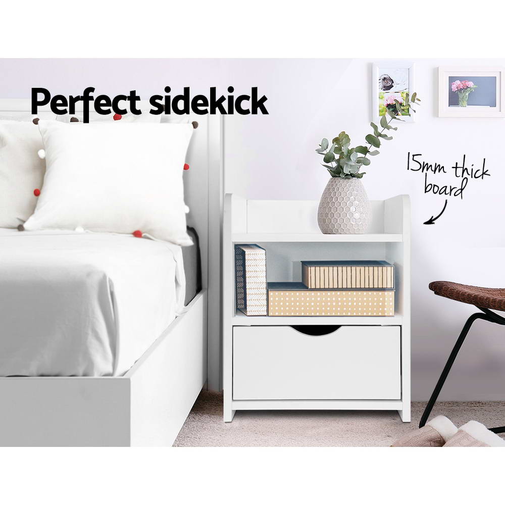 Artiss Fara Bedside Table with Drawer and 2 Shelves – White