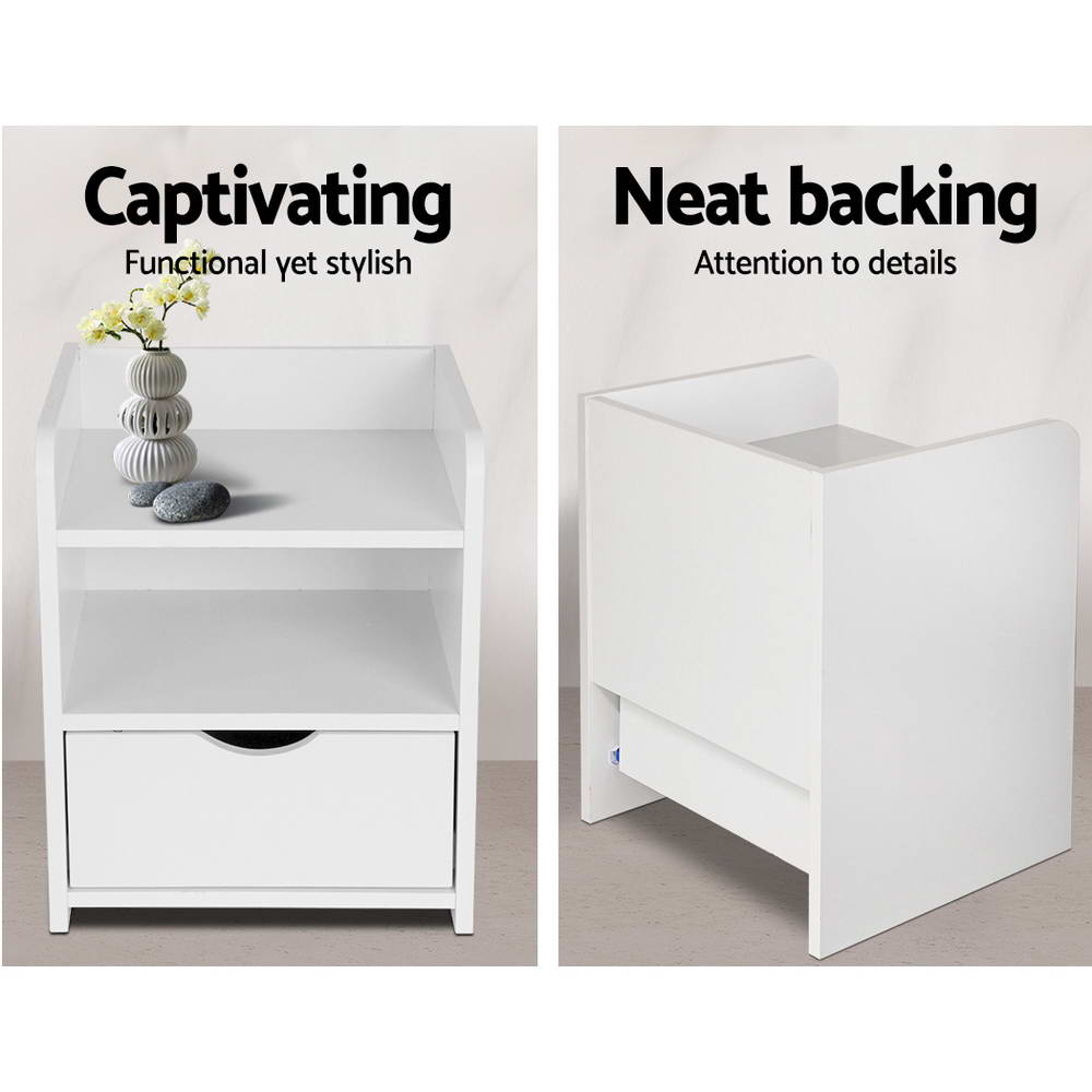 Artiss Fara Bedside Table with Drawer and 2 Shelves – White