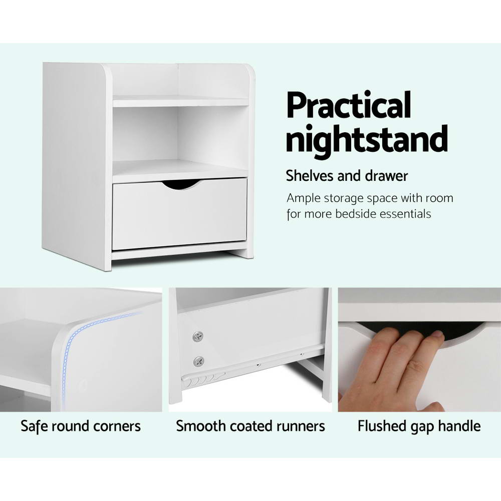 Artiss Fara Bedside Table with Drawer and 2 Shelves – White