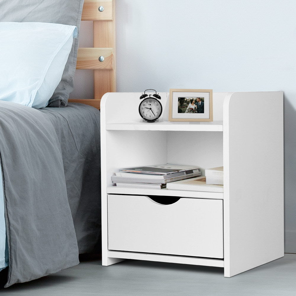 Artiss Fara Bedside Table with Drawer and 2 Shelves – White