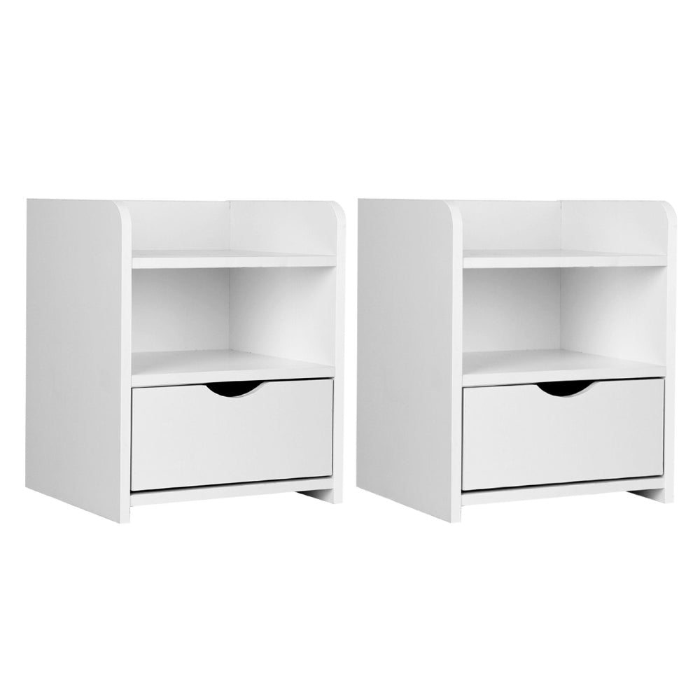 Artiss Fara Bedside Tables with Drawer and Shelves – White, Set of 2