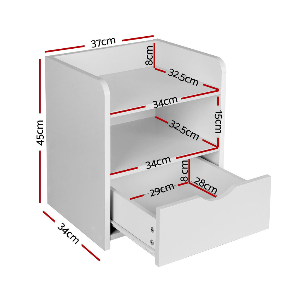 Artiss Fara Bedside Tables with Drawer and Shelves – White, Set of 2