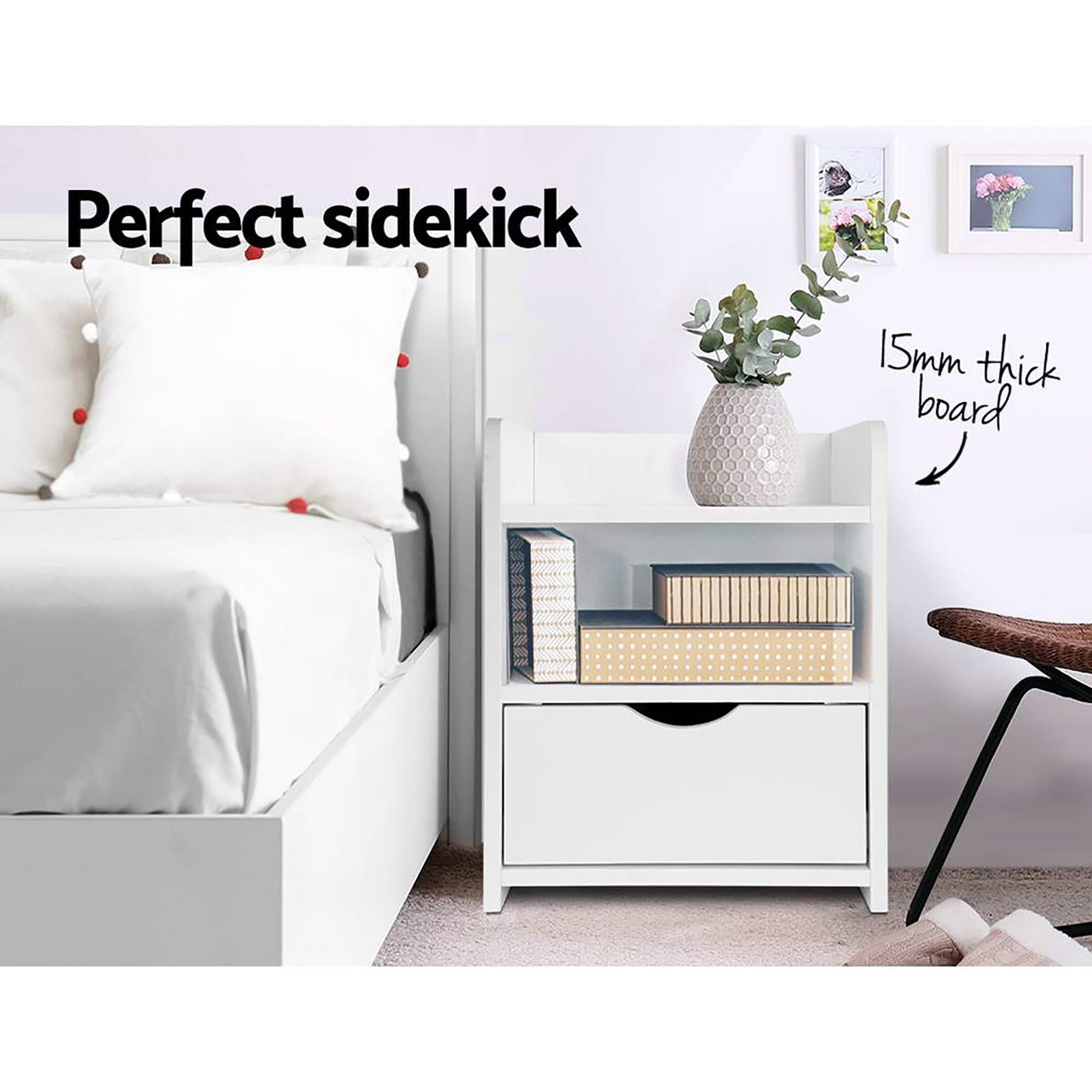 Artiss Fara Bedside Tables with Drawer and Shelves – White, Set of 2