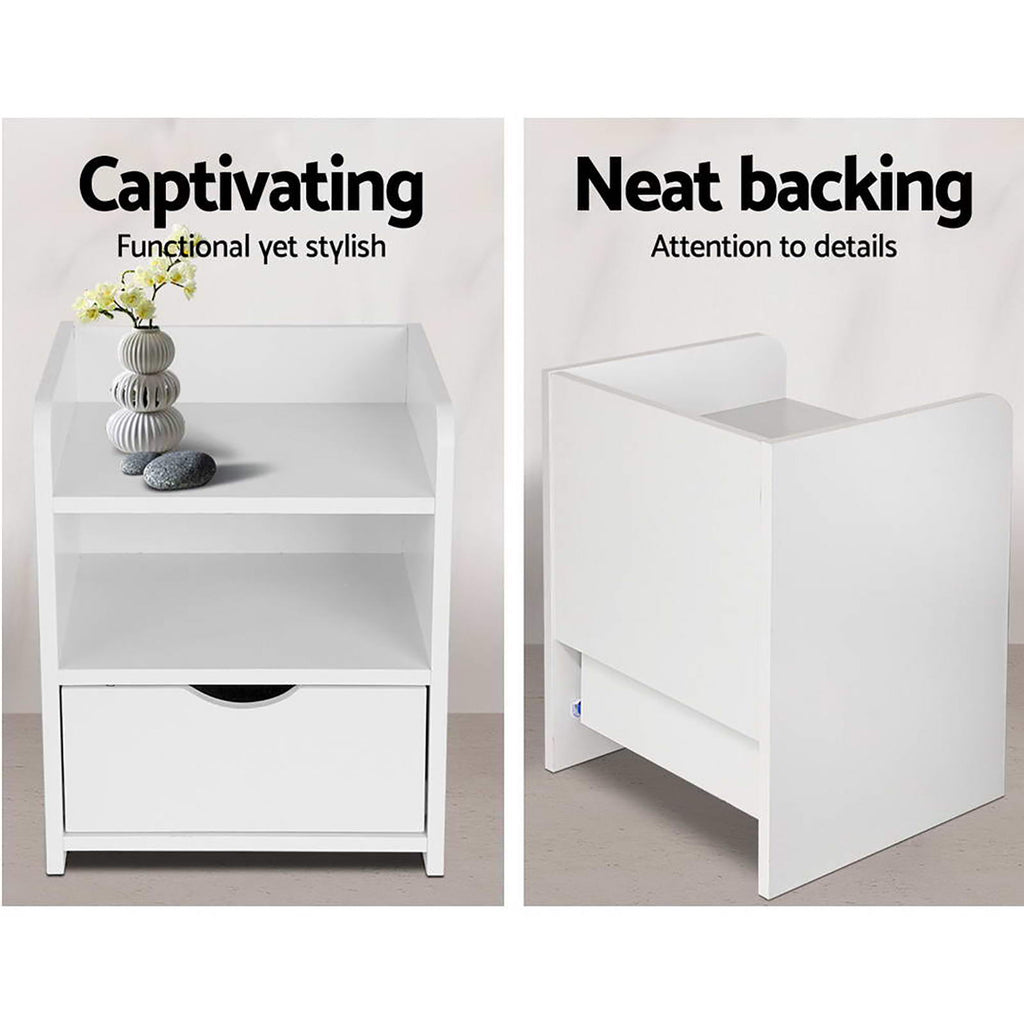 Artiss Fara Bedside Tables with Drawer and Shelves – White, Set of 2