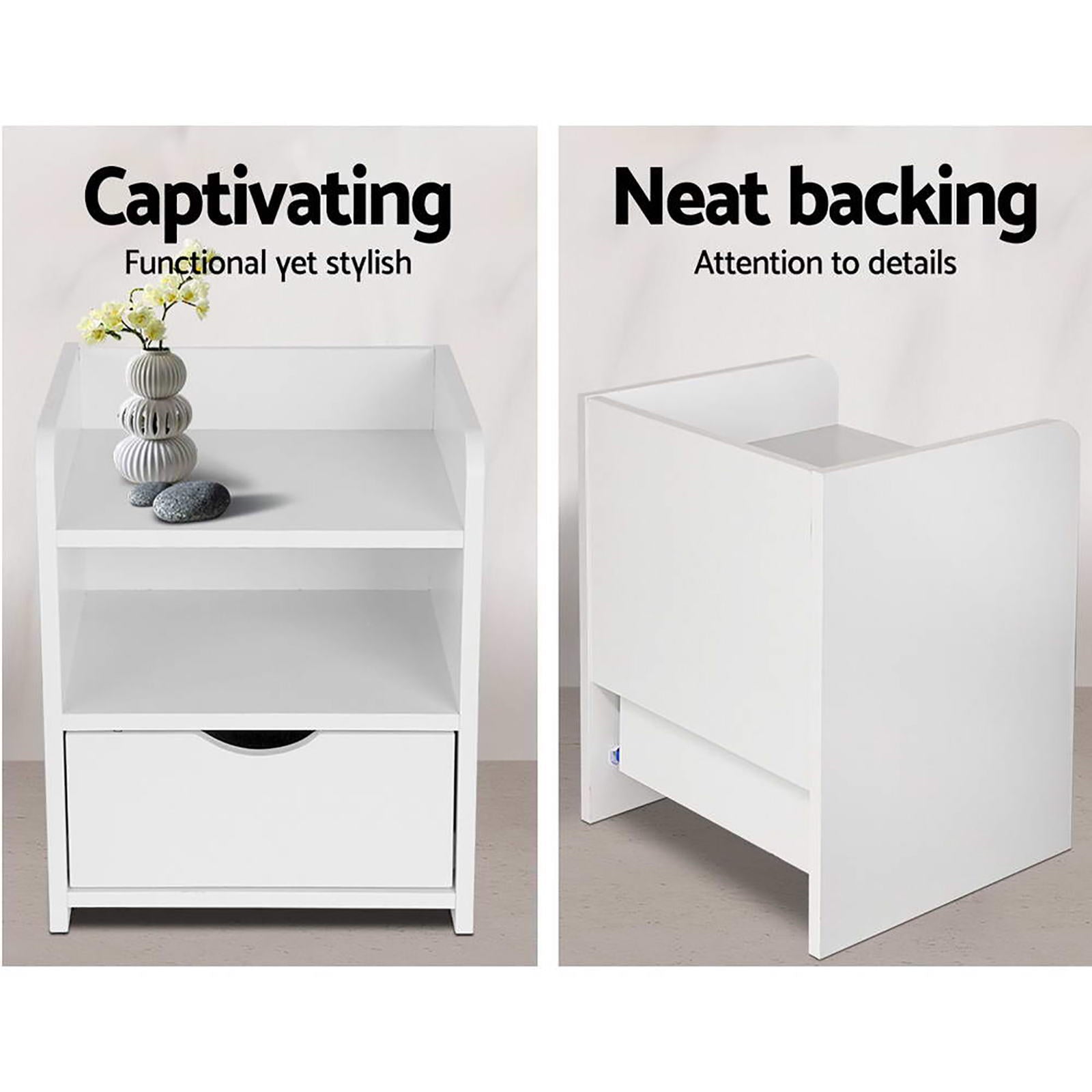 Artiss Fara Bedside Tables with Drawer and Shelves – White, Set of 2