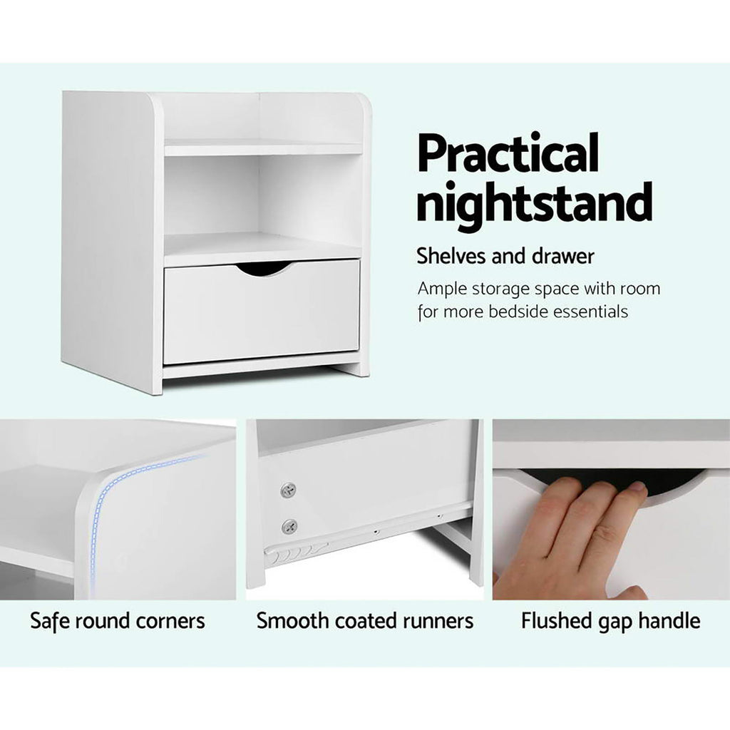 Artiss Fara Bedside Tables with Drawer and Shelves – White, Set of 2