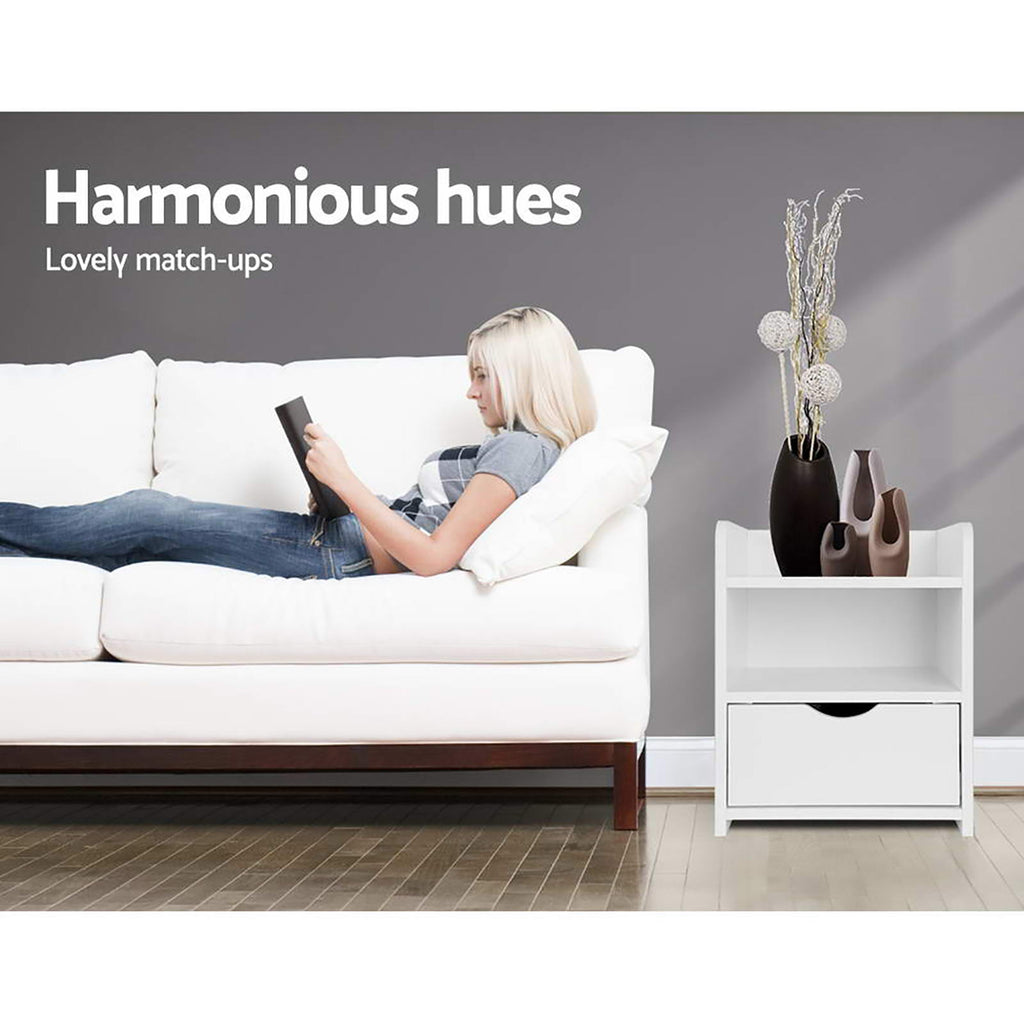 Artiss Fara Bedside Tables with Drawer and Shelves – White, Set of 2