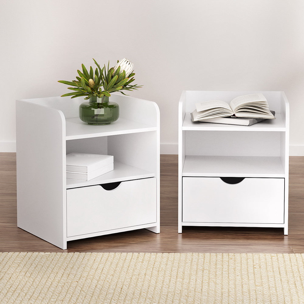 Artiss Fara Bedside Tables with Drawer and Shelves – White, Set of 2