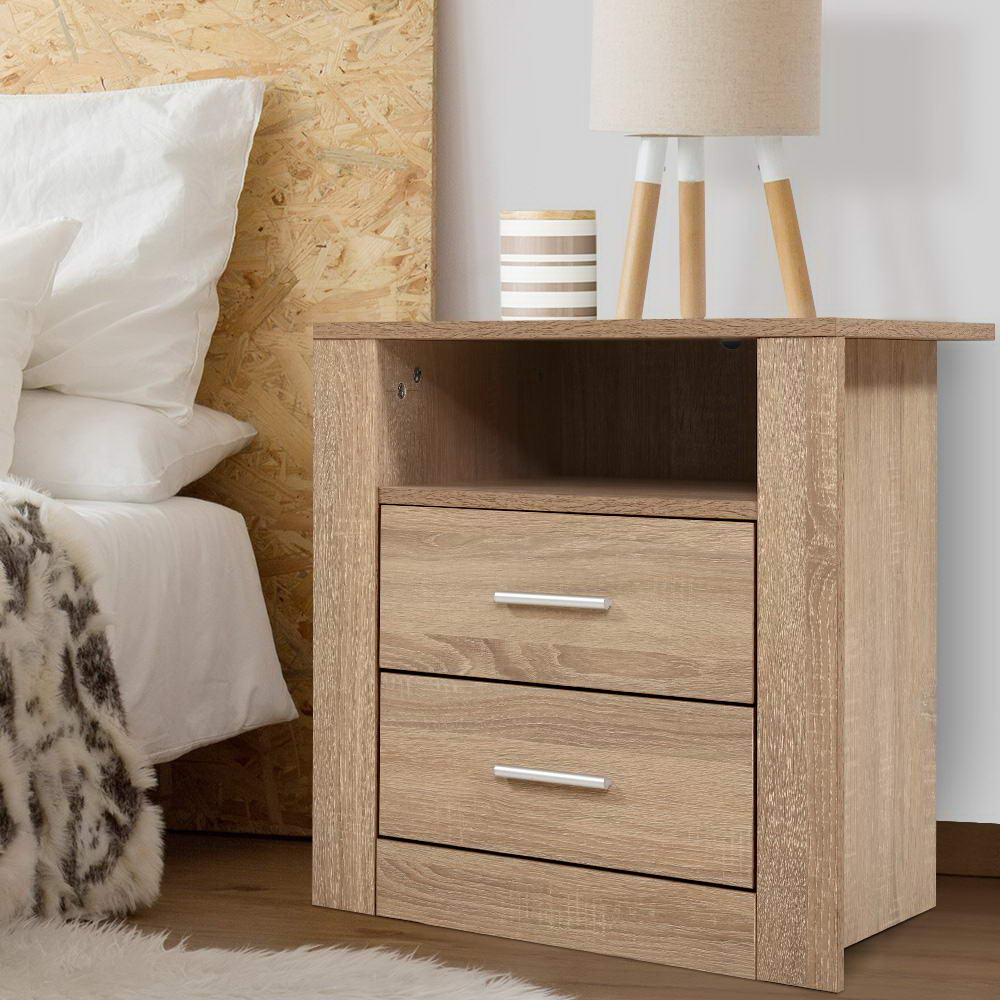 Artiss Tara 2-Drawer Bedside Table with Shelf – Oak Look