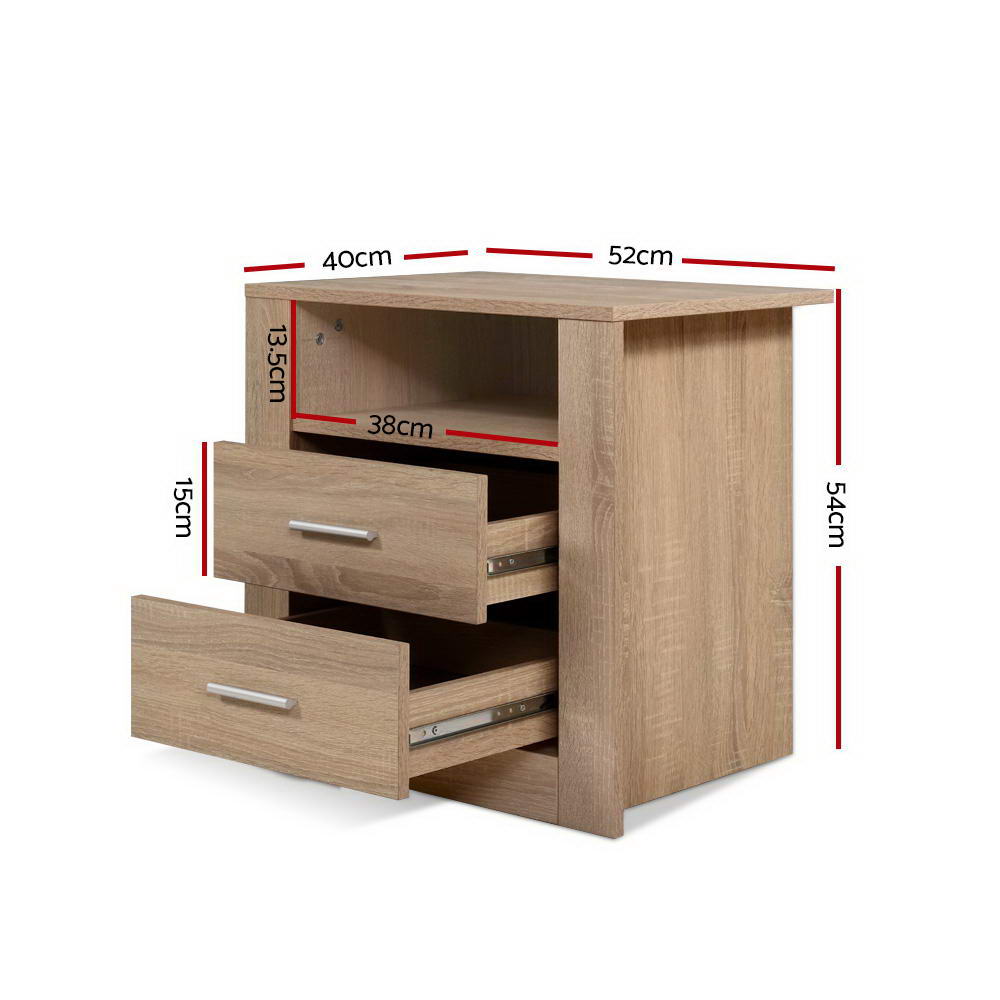 Artiss Tara 2-Drawer Bedside Table with Shelf – Oak Look