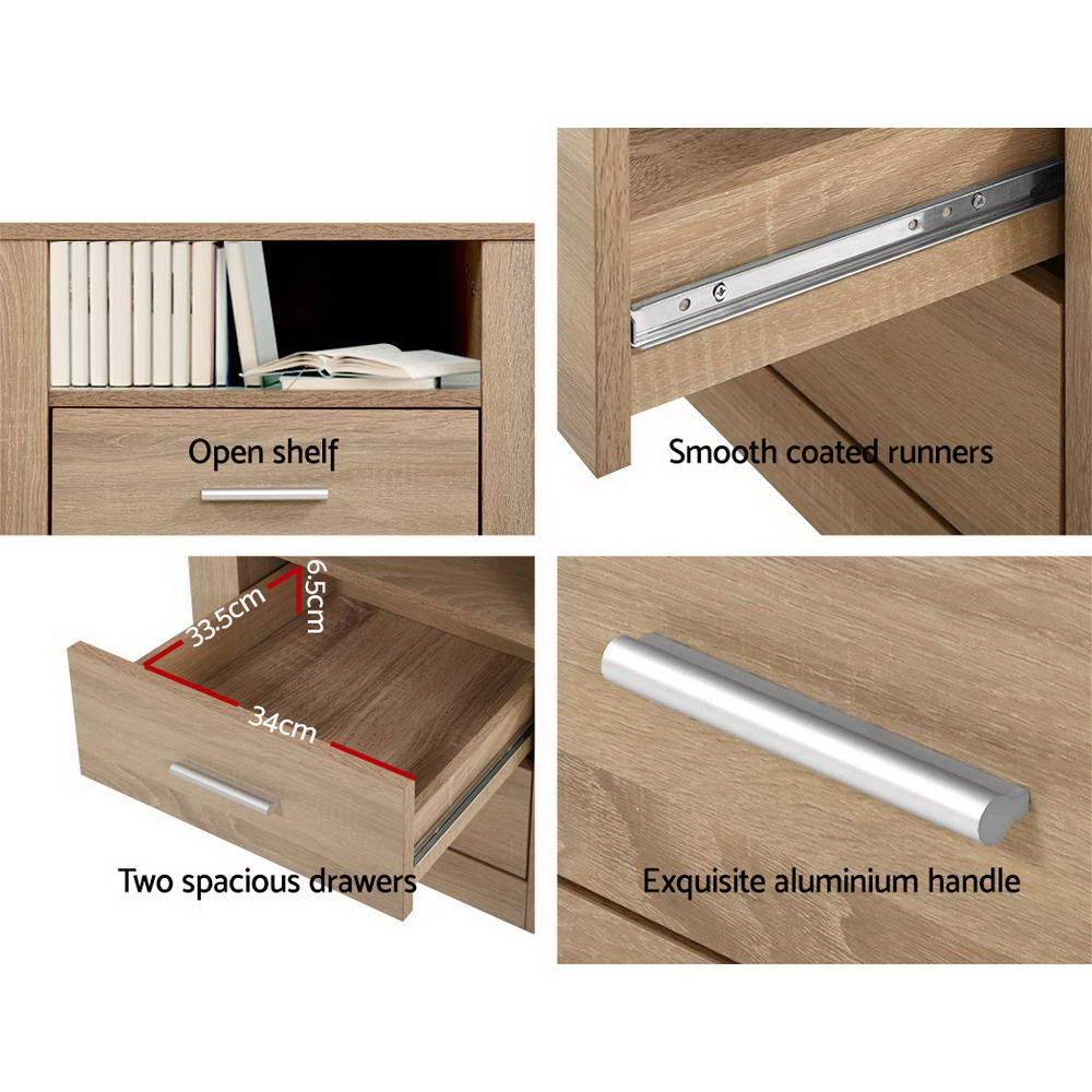 Artiss Tara 2-Drawer Bedside Table with Shelf – Oak Look