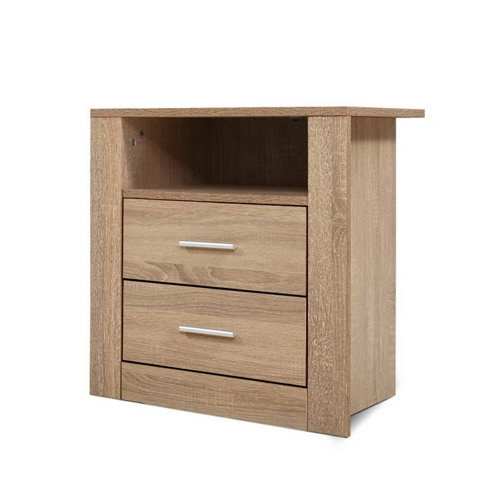 Artiss Tara 2-Drawer Bedside Table with Shelf – Oak Look