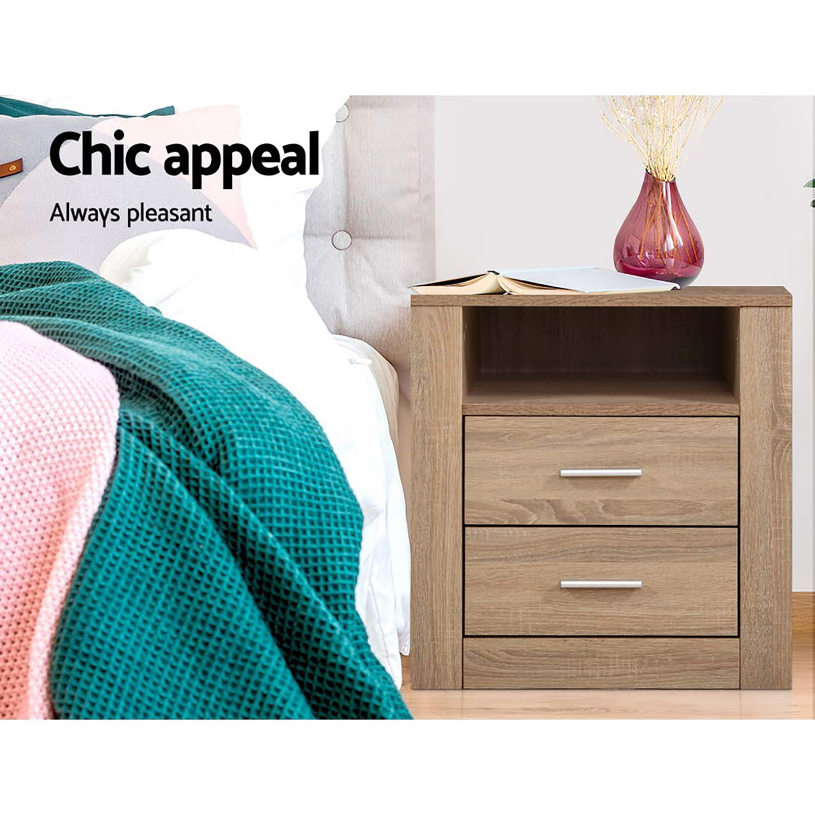 Artiss Tara Bedside Tables with 2 Drawers and Shelf – Oak Look, Set of 2